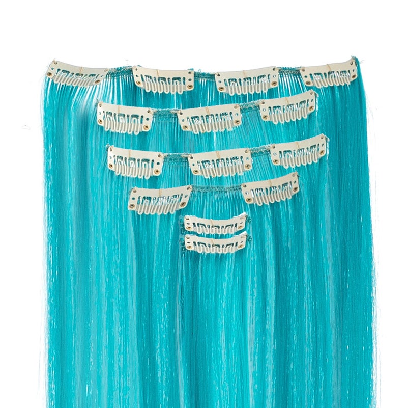 SWACC 7 Pcs Full Head Party Highlights Clip on in Hair Extensions For Women Colored Hair Streak Synthetic Hairpieces (22-Inch Straight, Teal Blue) - Image 4